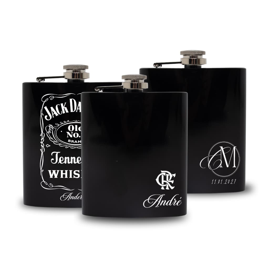 Porta Whisky Cantil 7oz Preto Aço Inox Personalizado Elegante Premium