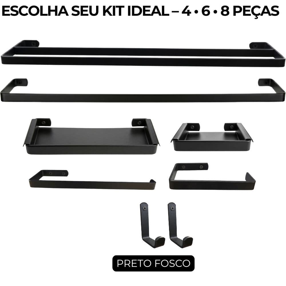Kit Acessórios Banheiro Preto Fosco Porta Toalha Suporte Porta Papel 4 6 8 Peças
