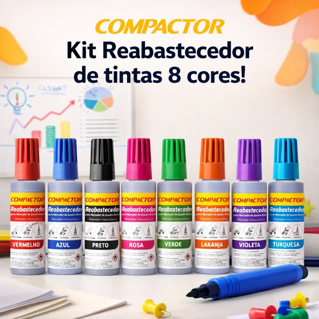 Kit de Reabastecedor para Quadro Branco com 30ml da Compactor ( Novas Cores )