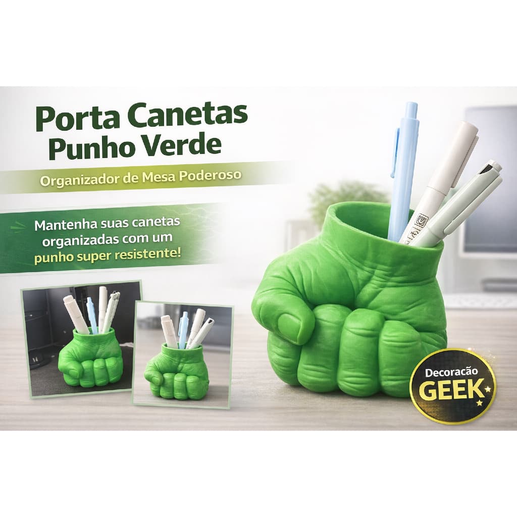 Porta Canetas Punho Hulk 10cm | Organizador de Mesa Criativo Geek | Suporte para Canetas Decorativo Escritório