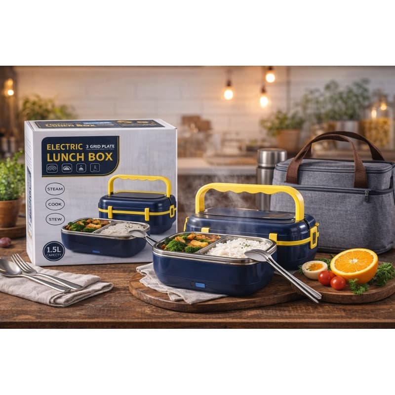 Marmita elétrica 1.5L 40W, bivolt (110/220V) + 12V/24V veicular. Ideal para aquecer refeições em casa ou no carro.