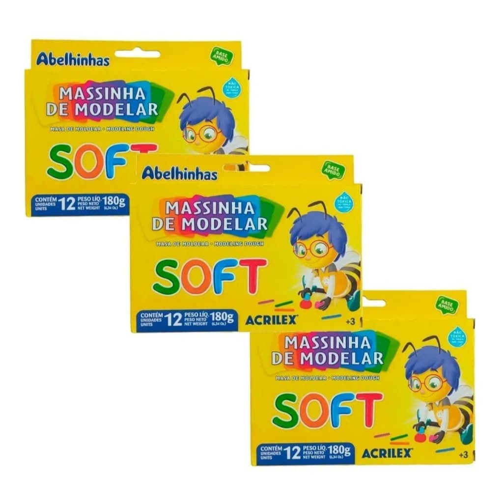 3 Massinhas De Modelar Escolar 12 Cores Kit Soft Acrilex