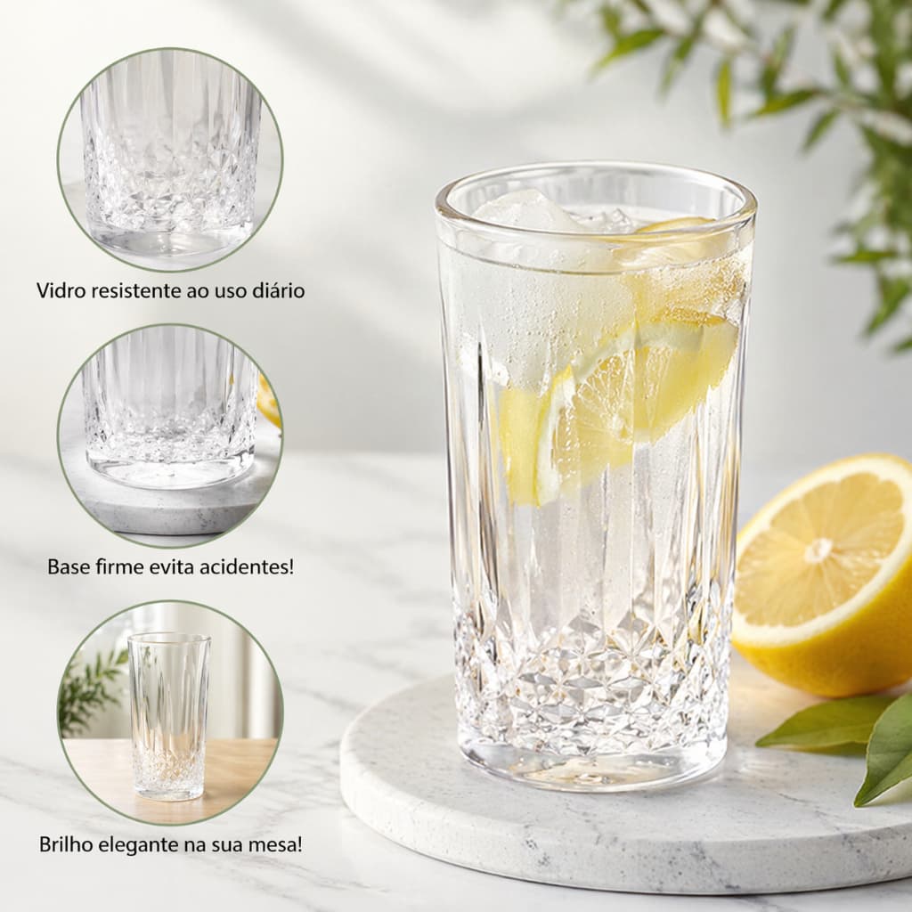 Conjunto 6 Copos De Vidro 280ml Transparentes Resistentes Para Água Suco Bebidas Achadinhos
