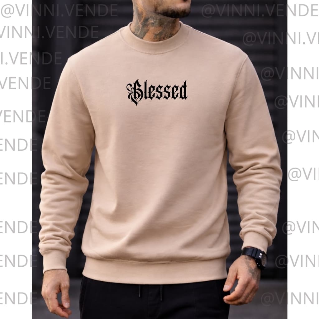 Moletom Masculino Bege Blessed Gótico Minimalista Streetwear Premium Conforto Top