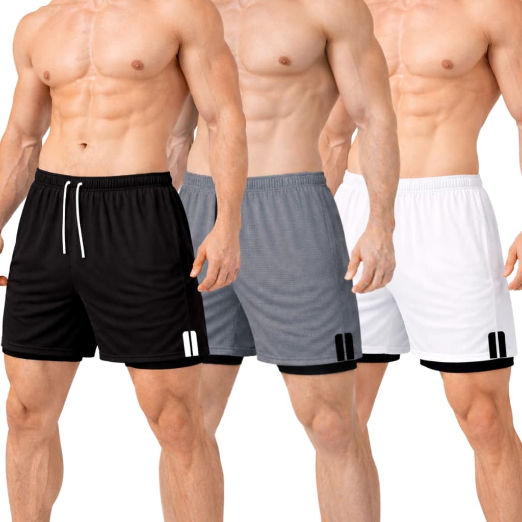 Kit 3 Short Treino Dry Fit Térmico 2 em 1 com Bolso para Celular e Porta-Toalha Calção Academia