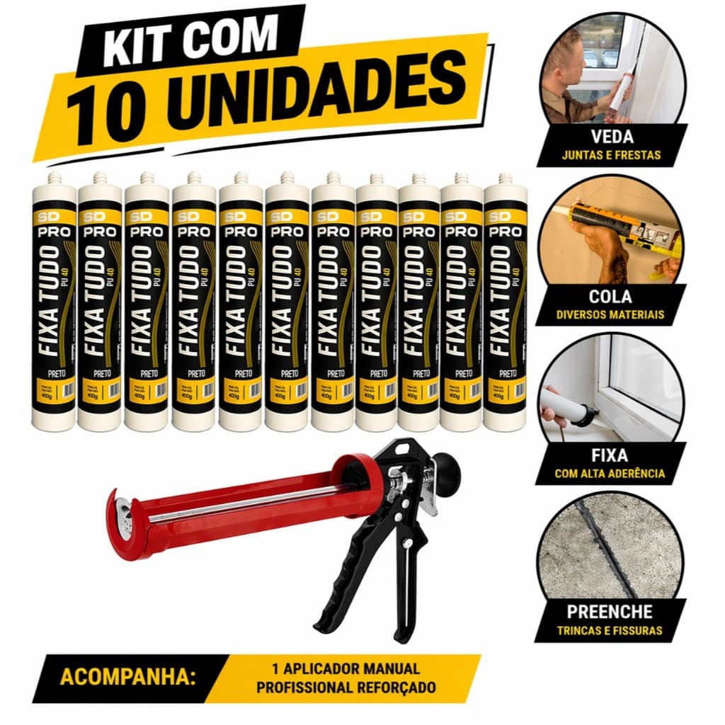 KIT 10 COLAS PU40 SELANTE 400gr + APLICADOR REFORCADO LAJES TRINCAS VEDACAO BOX CALHAS