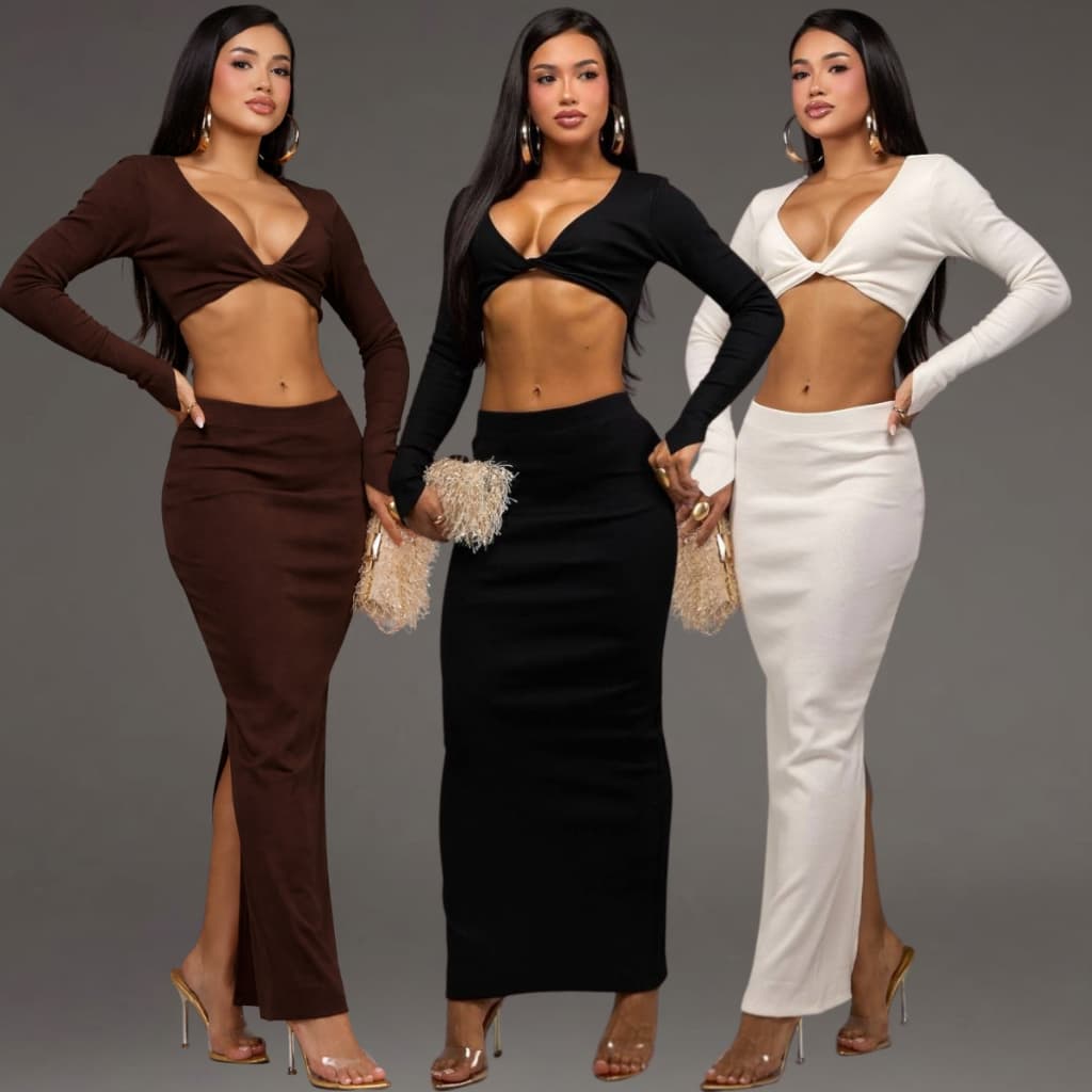 Conjunto Feminino Ribana Canelado Saia Longa Justa + Cropped Torcido Manga Longa Elegante Premium Luxo Gringa