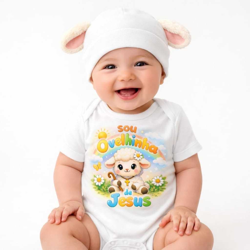 Kit 2 Peças - Body + Touquinha Ovelha Para Bebê Fantasia Sou Ovelhinha de Jesus Mesversário Bodie Bore Gorro