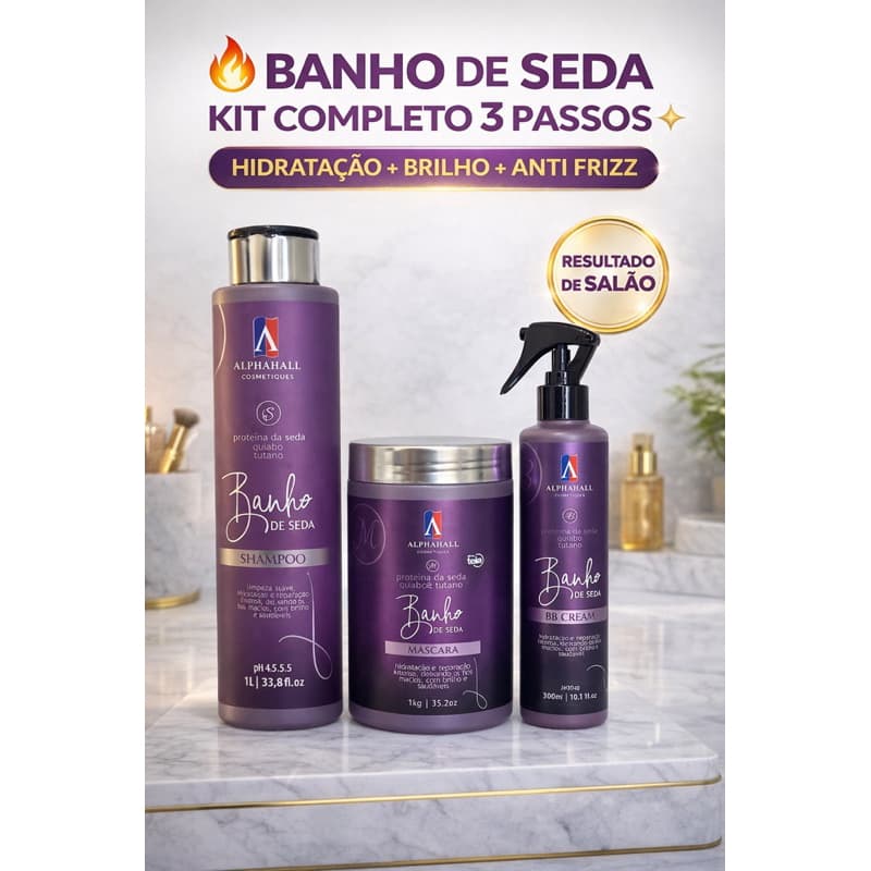 Kit Banho de Seda Alphahall 3 Passos Completo Hidratação Profunda Anti Frizz Brilho de Salão Cabelos Danificados Kit G