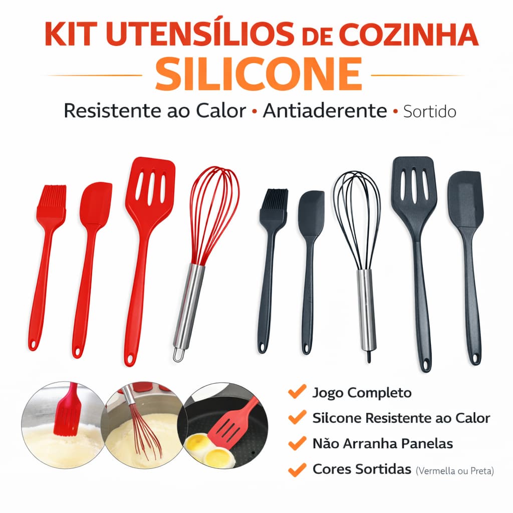 Kit Utensílios de Cozinha Silicone 5 Peças Resistente ao Calor Antiaderente Espátulas e Batedor