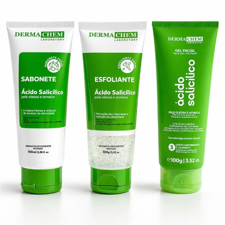 Kit Limpeza De Pele Oleosa Dermachem Ácido Salicílico Antiacne - Sabonete + Esfoliante + Gel Facial