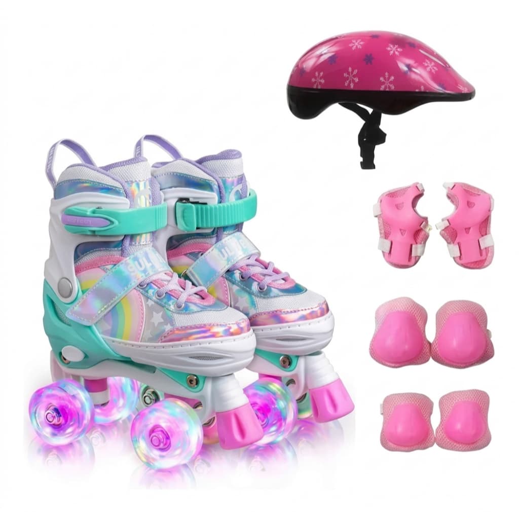 Patins Roller Quad Arco Irís Rodas Led RainBowStars Ajustavel 29-32 / 33-36 / 37-40 + KIT PROTEÇÃO