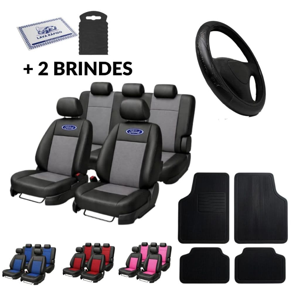 Kit Capa de Banco Couro Ford + Jogo Tapete Carro 4 Peças + Capa de Volante Antiderrapante Universal