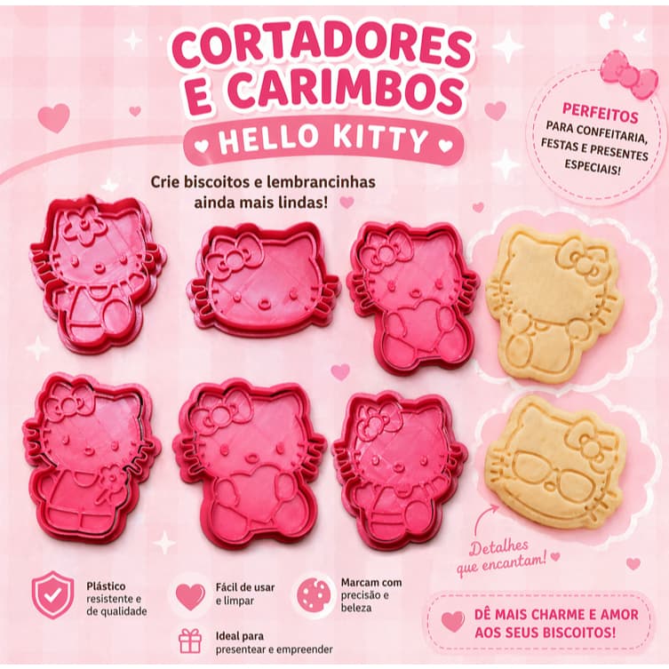 Kit 6 Cortadores e Carimbo de Biscoito 3D - Tema: Kitty