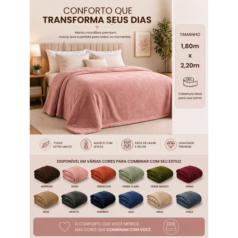 Manta térmica Microfibra Flanelada Premium Casal Antialérgica 1,80x2,20 – Super Macia e Confortável Para Inferno e Frio