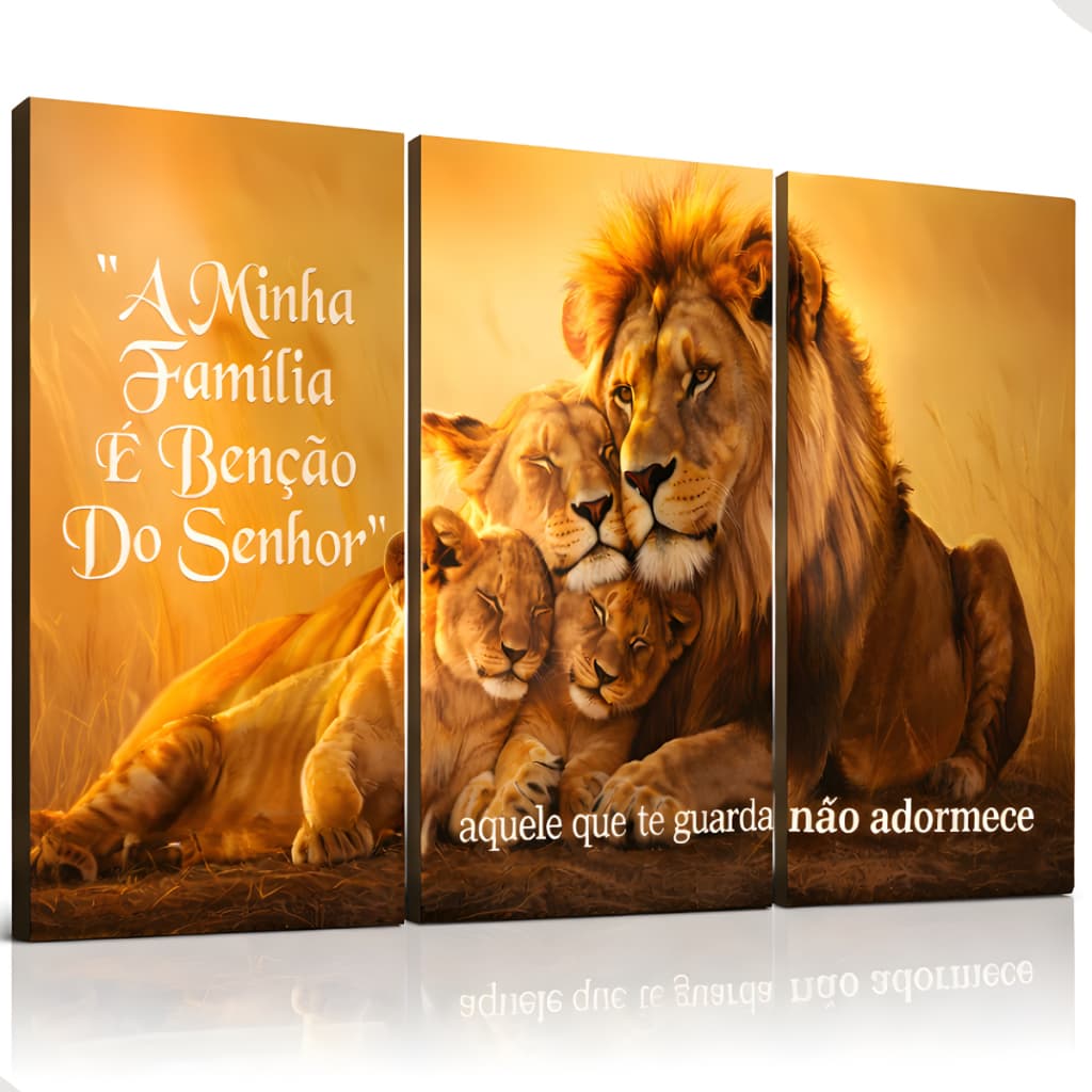 Kit 3 Quadros Decorativos Leão Família Frase Bíblica Dourado Sala Quarto MDF 30x50 a 40x60