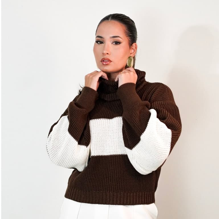 Blusa Listrada Gola Alta Manga Bufante Tricô Tendência Moda Blogueira  - Inverno 2026