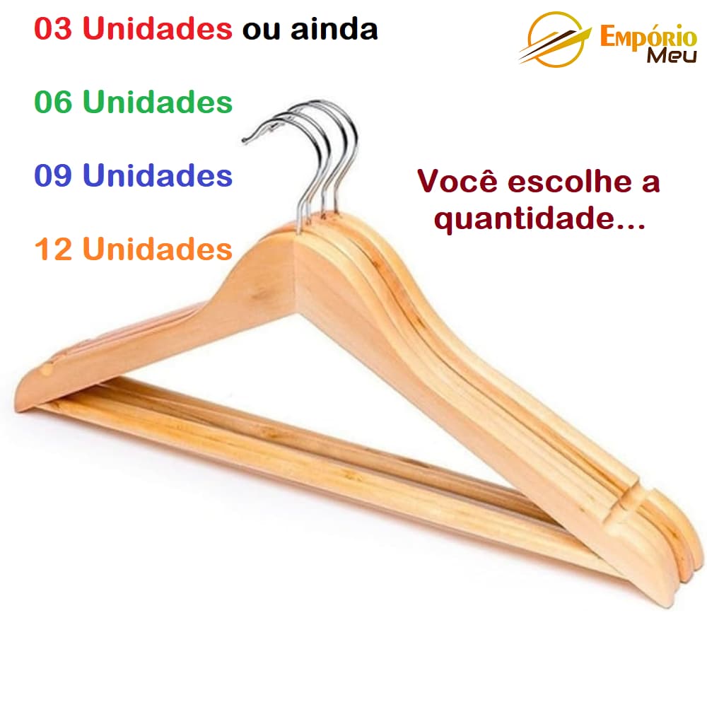kit 3 6 9 ou 12 unidades Cabides Madeira Acabamento Verniz Resistente Organizador Roupa Guarda Roupa