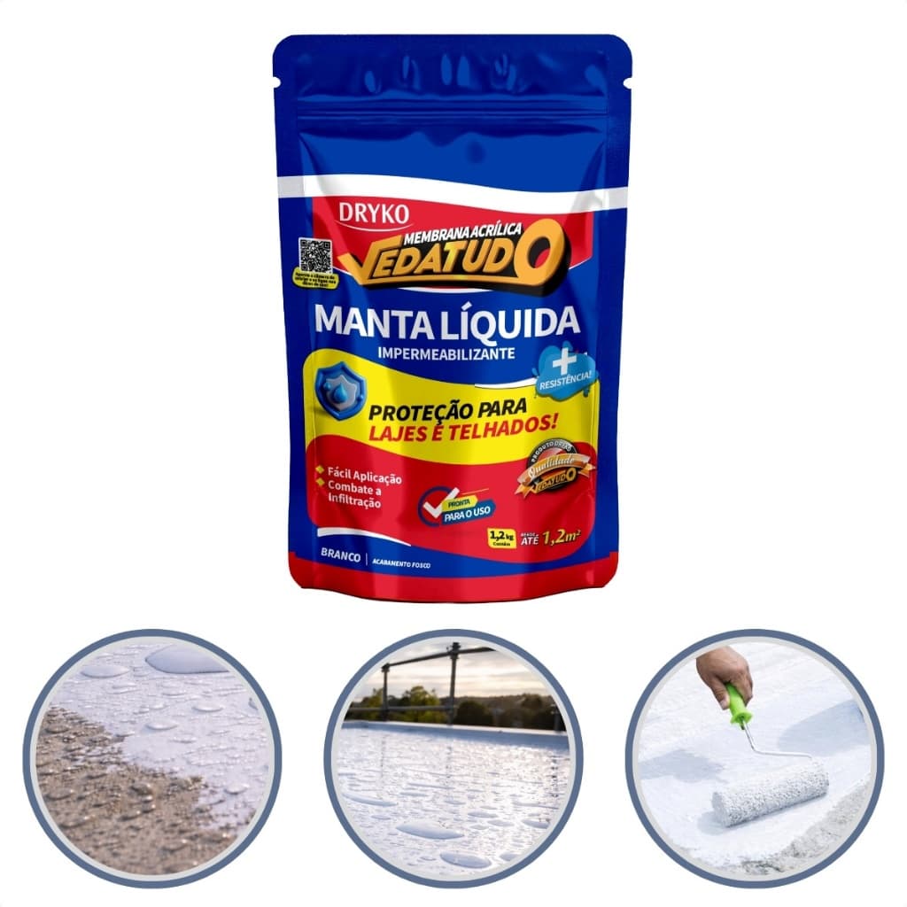 Manta Líquida Impermeabilizante 1,2kg Branca Dryko Vedatudo Emborrachada Acrílica Laje Telhado Telha