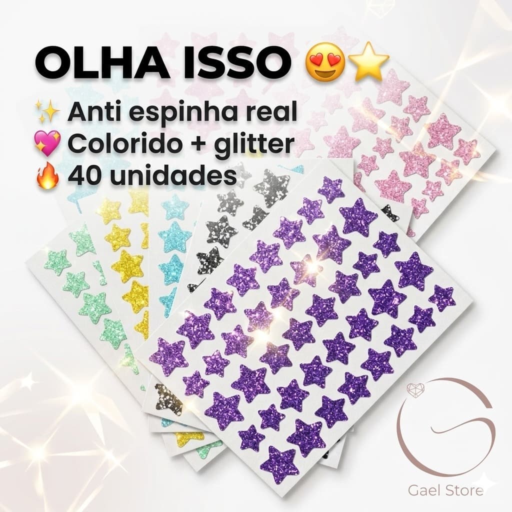 Adesivo para Espinha Estrela ⭐ Remove Acne Rápido 40 Unidades Colorido com Glitter - Hidrocoloide