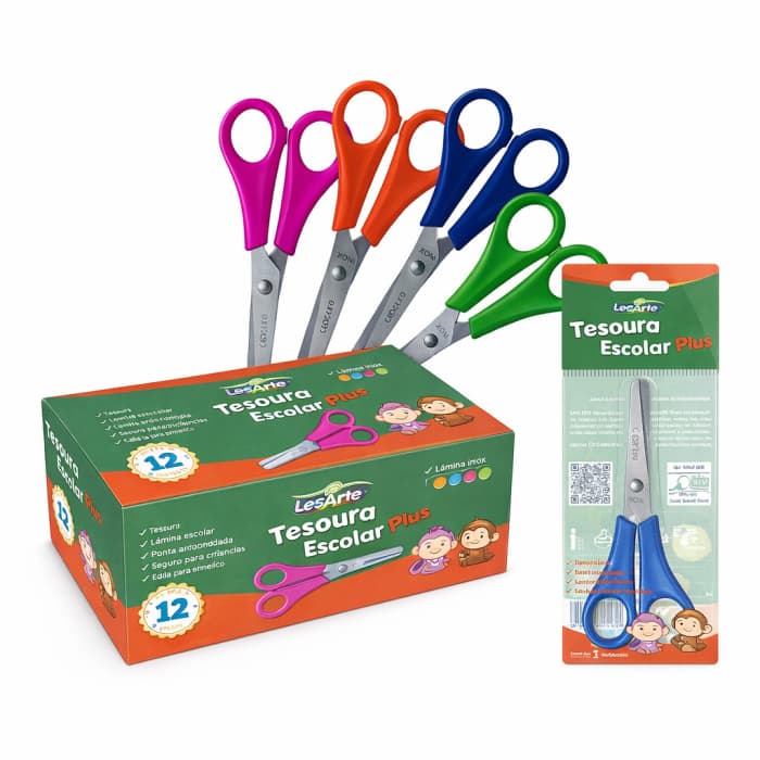 Tesoura Escolar 13cm - Tesoura Escolar sem Ponta - Tesoura Colorida - LEO & LEO