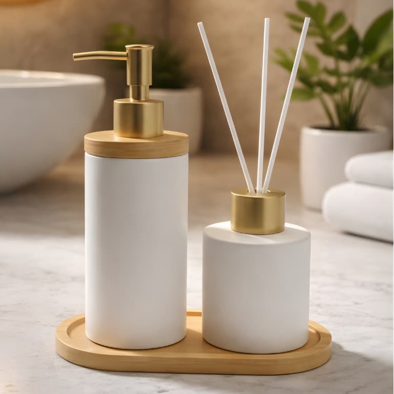 Kit Porta Sabonete Liquido Dispenser e Aromatizador Difusor de Ambientes Lavabo Porcelana Elegante