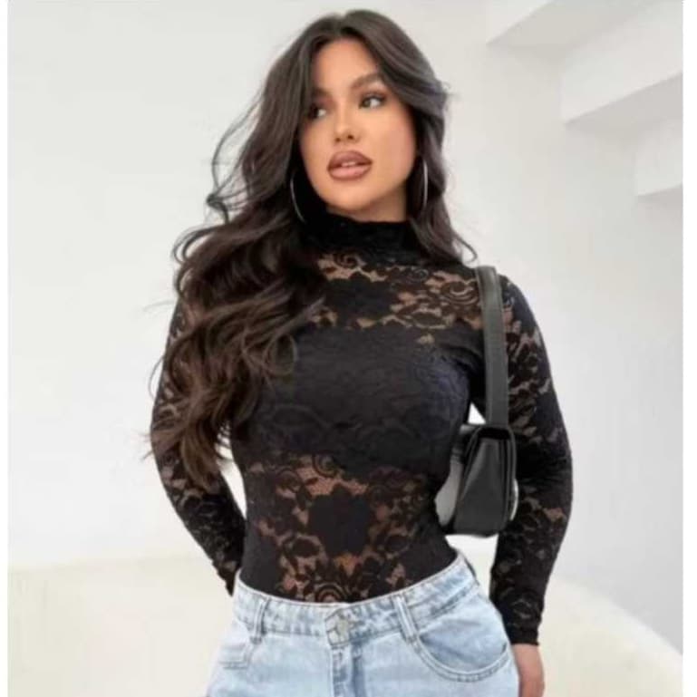 Body Feminino Renda Manga Longa Moda em Alta