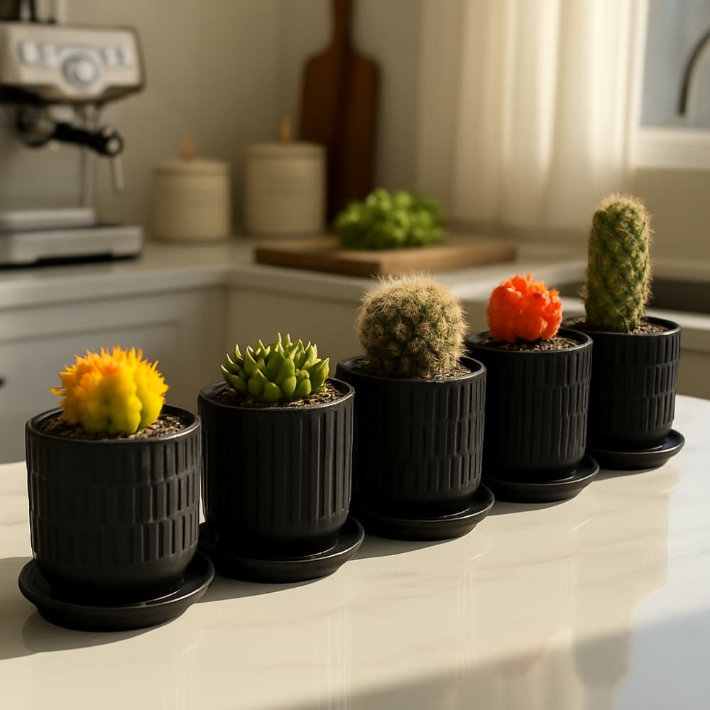 Kit 5 vasos decorativos com texturas geométricas para suculentas e cactos para decoração