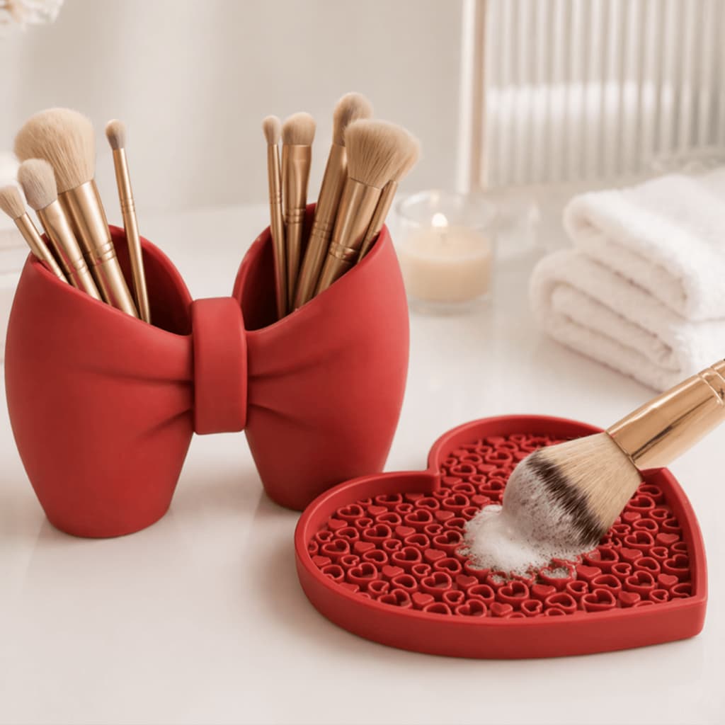 Kit Porta Pincéis Maquiagem + Limpador de Pincel Silicone Organizador Bancada Decoração Vaidade Luxo