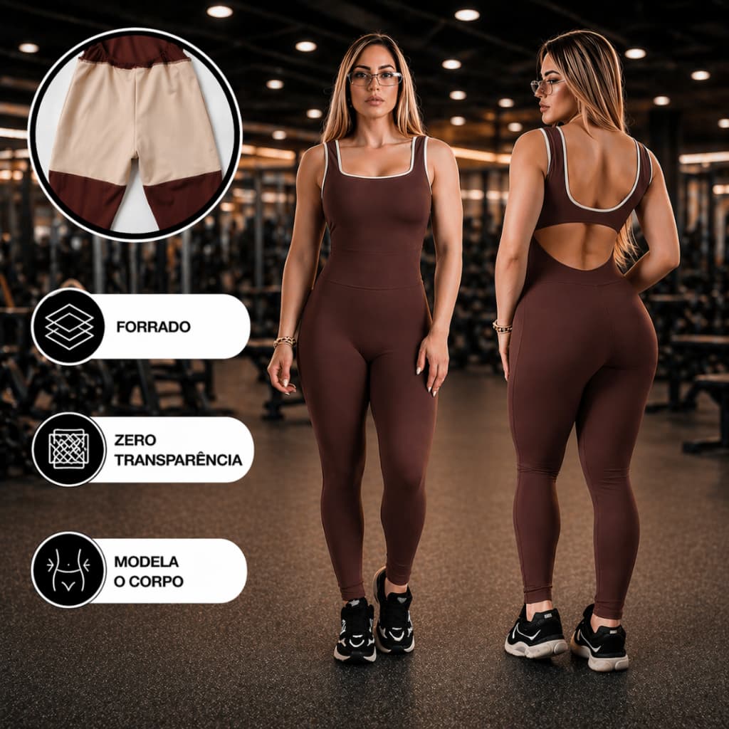 Macacão Longo Forrado de Academia Feminino Macacão Fitness Bicolor com Costas Abertas em Suplex