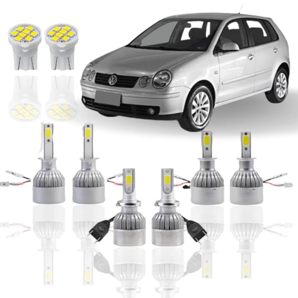 KIT Lâmpada Led (Farol  Baixo Alto Milha Farolete ) Volkswagen Polo 2003 a 2006 H1 H7 H3 T10 Super Led meia luz neblina