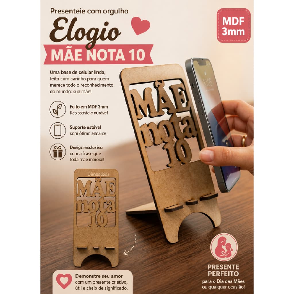 Kit 3 Bases de Celular em MDF “Mãe Nota 10”