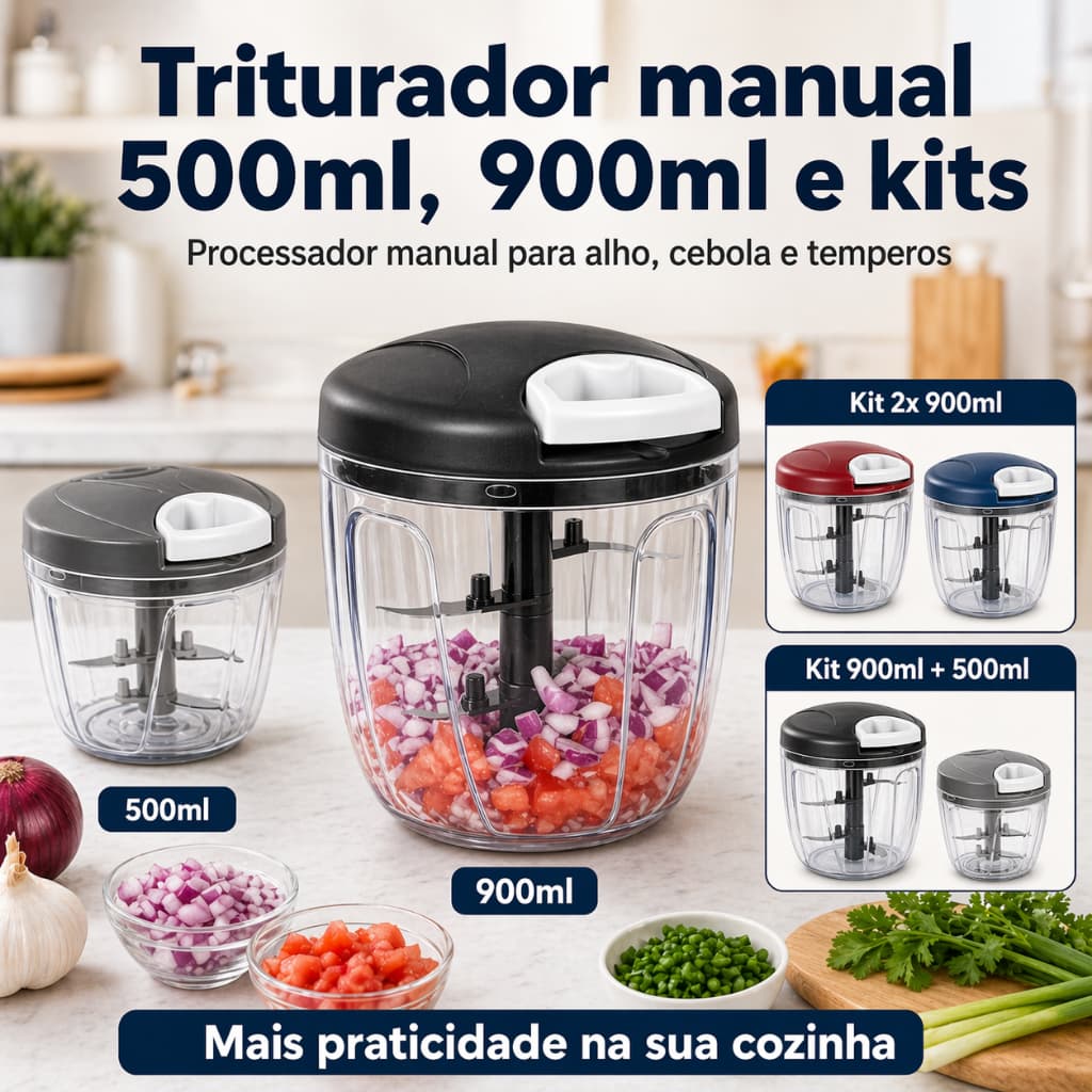 Triturador Manual Alimentos 500ml e 900ml 5 Lâminas Inox Processador Cozinha Alho Cebola