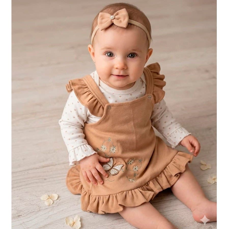 Conjunto Bebê Menina Salopete Infantil Kids Borboleta Bege Malha 100% Algodão