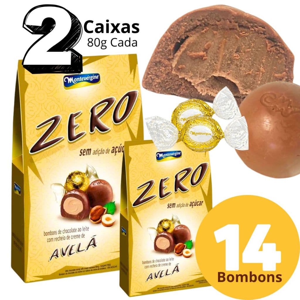 Bombom Zero açucar Chocolate ao leite Recheio Creme de Avelã 2 Cx de 80g com 7 Bombons cada Caixa