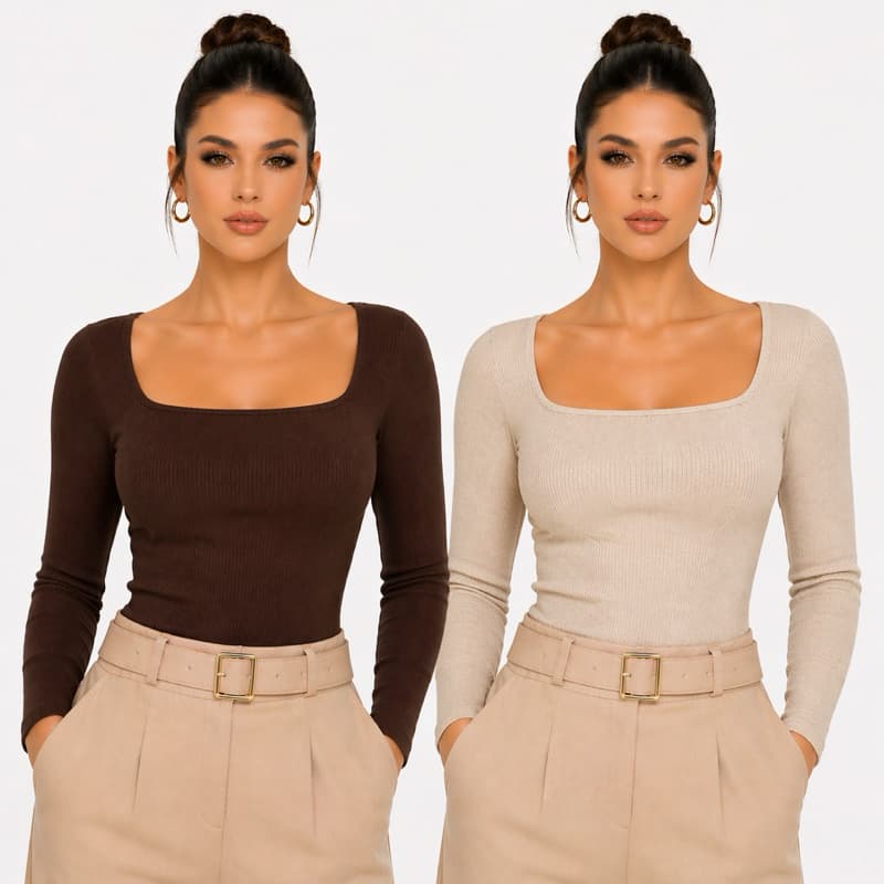 Kit 2 Blusas Manga Longa Gola Quadrada Femenina Promoção Inverno