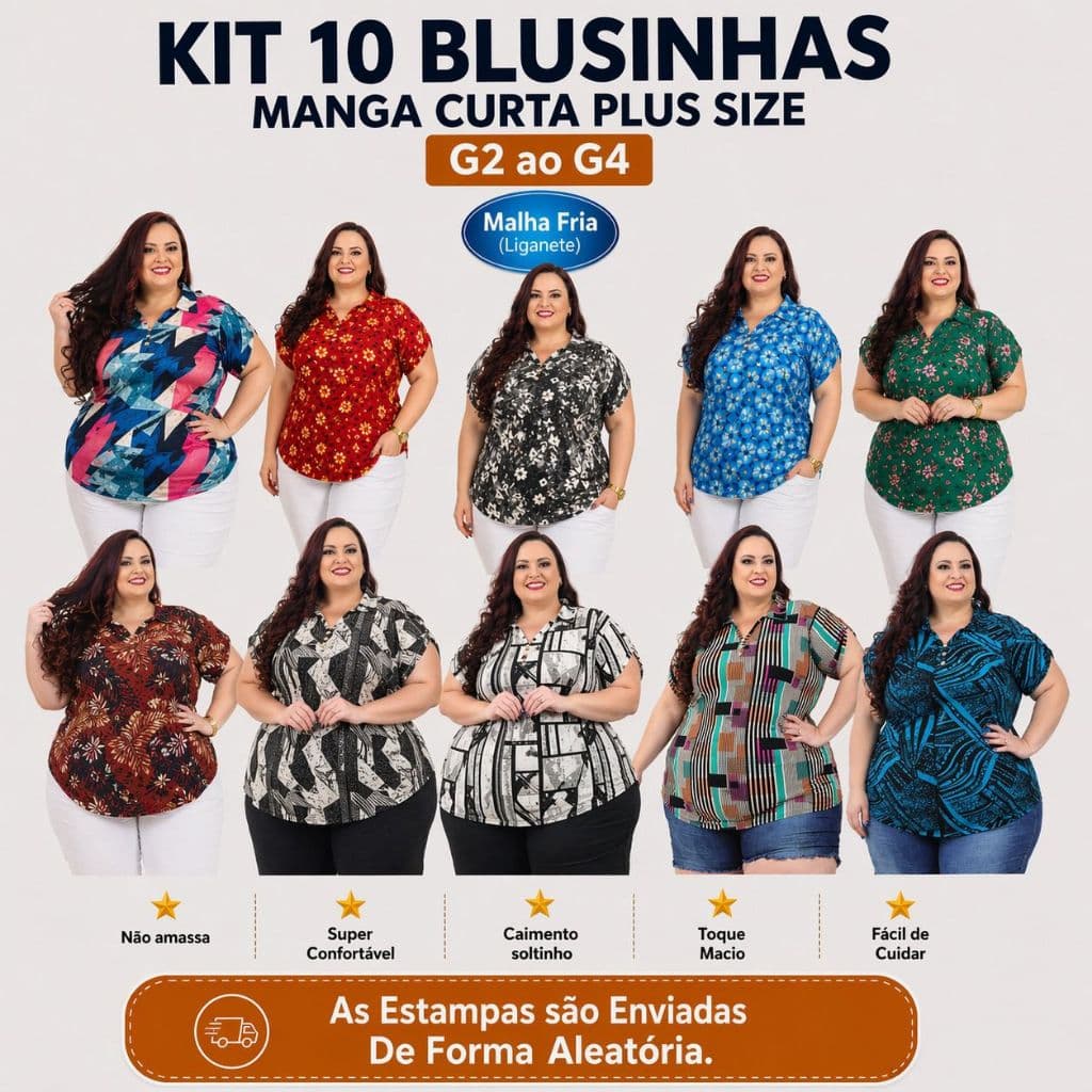 Kit 10 Polo Plus Size Feminina G2 ao G4 Malha Fria Estampada Moda Feminina Conforto Promoção Shopee Atacado