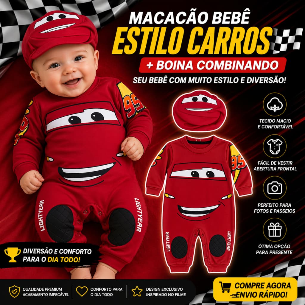 Macacão De Bebê + Boina Corrida Personagem Mcqueen