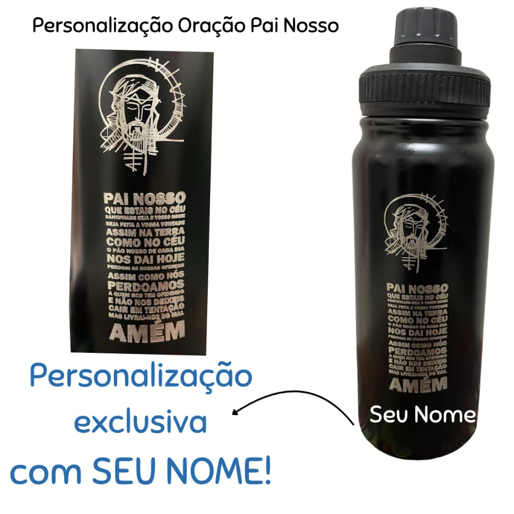 Garrafa Térmica Personalizada Com Nome Estilo Pai Nosso Oração | Inox  800ml | Mantém Gelado e Quente | Academia Escola