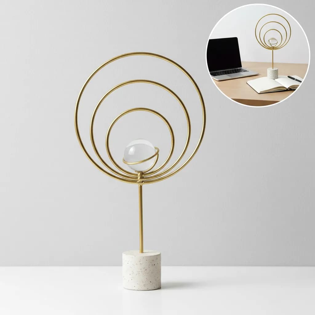 Escultura Estatua Decorativa Minimalista com Esfera de Vidro – Dourado Sala e Estante