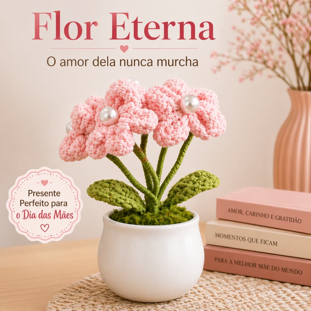 Flor Eterna para Mãe em Crochê com Vaso | Presente Dia das Mães Decorativo Não Murcha