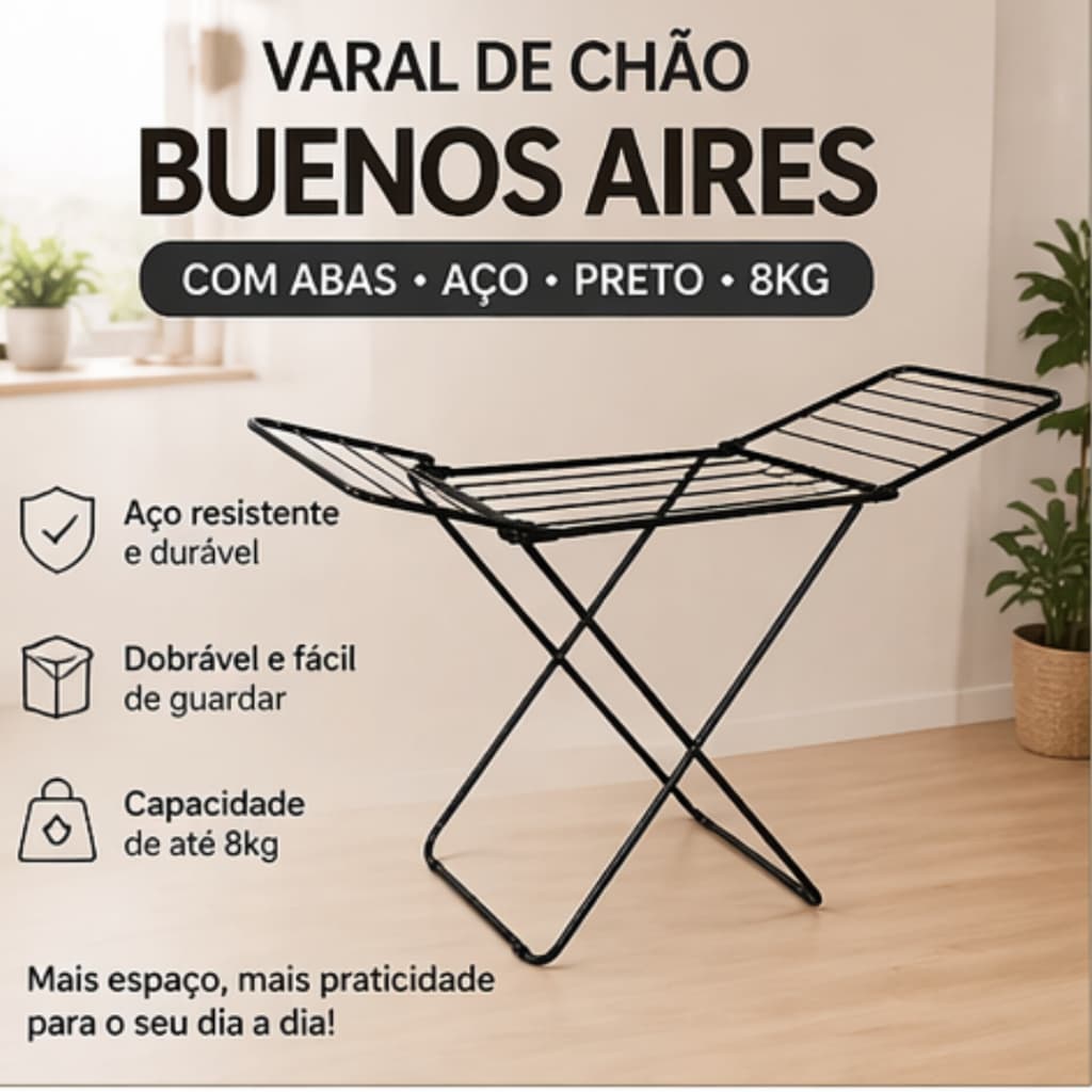 Varal De Chão Dobrável Com Abas Aço 8kg Compacto Resistente Para Apartamento Envio Rápido