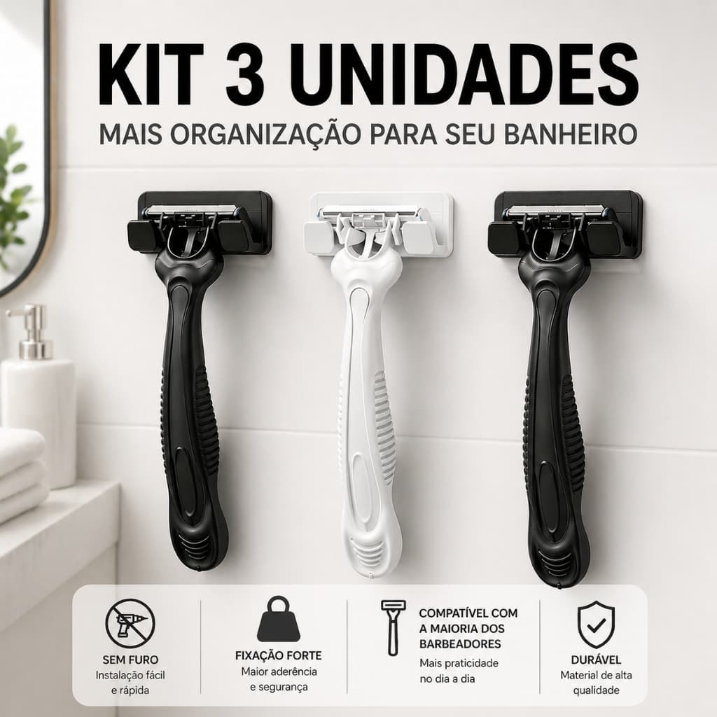 Kit 3 Suporte Para Gillete Sem Furo 3M Adesivo Forte Parede Organizador Banheiro Prático
