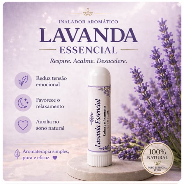 Inalador Nasal com Óleo Essencial de Lavanda Francesa | Relaxamento Ansiedade Sono Tranquilo - Aromastick Puro Natural