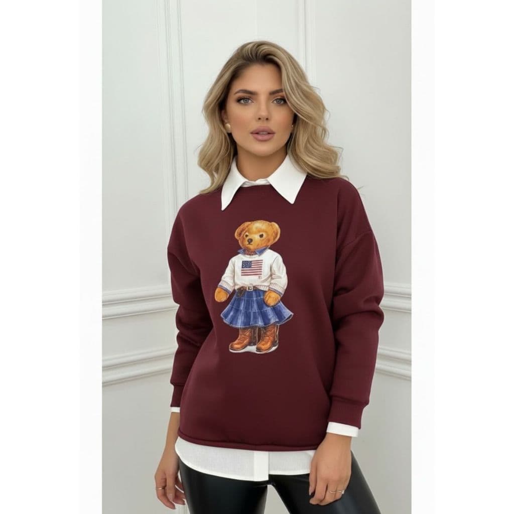 Moletom Feminino Algodão Flanelado Sem Capuz Urso Bear Blusa De Frio Tendência Casual Blogueira Casaco Outono Inverno