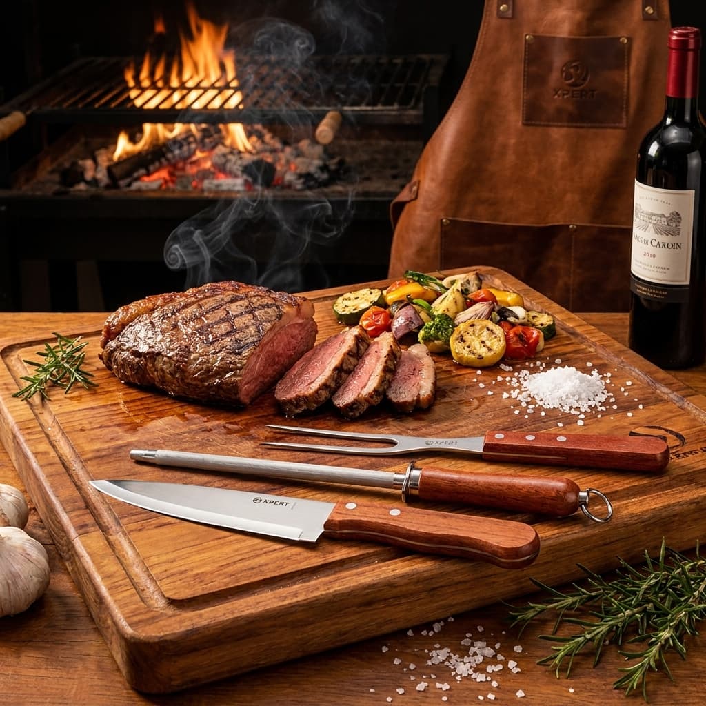 Kit para Churrasco Com Chaira Lâmina de Aço Garfo e Faca em Inox e Cabos de Madeira 3 Peças