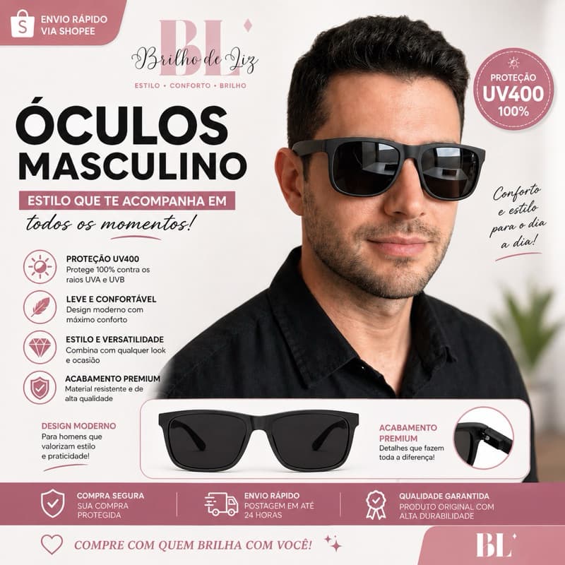 Óculos de Sol Quadradinho Preto Com Caixinha