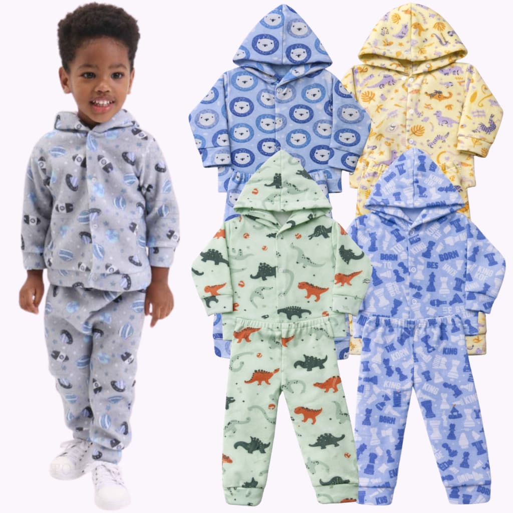 Kit 4 Peças Conjunto de Soft Inverno Casaco Com Capuz Menino Bebê e Infantil (2 Casacos + 2 Calças)