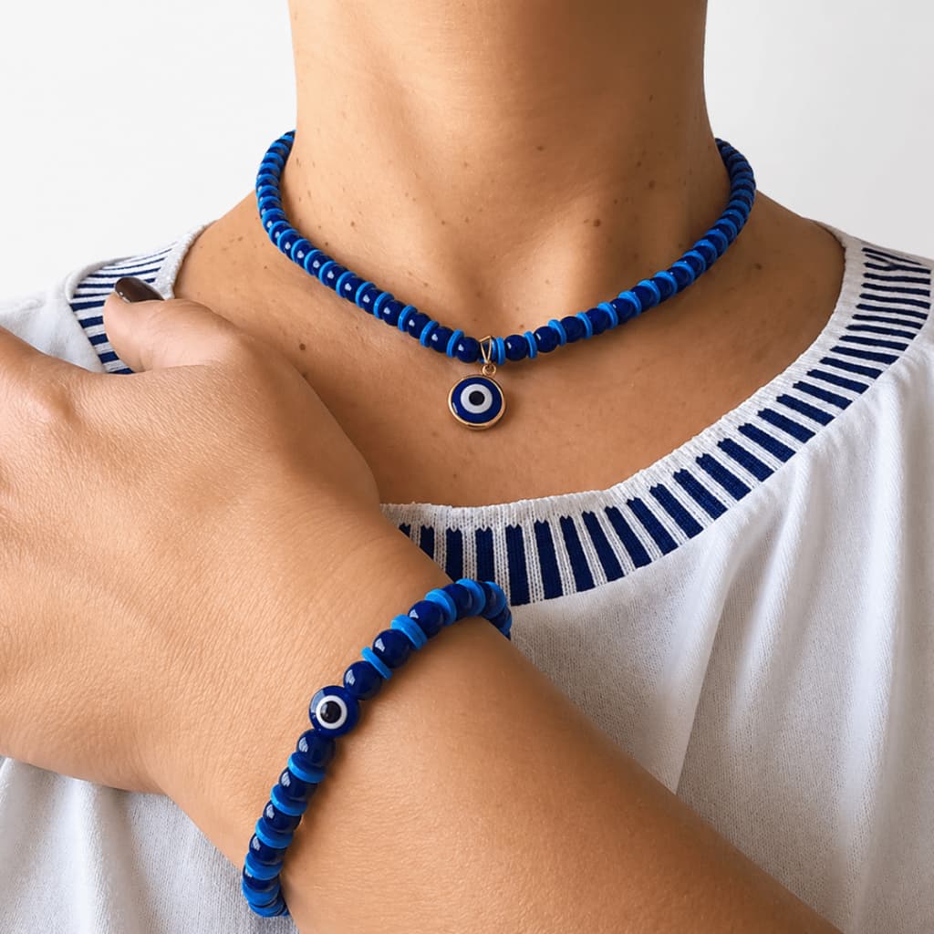 Kit Colar/Choker e Pulseira de Miçangas Azul com Olho Grego