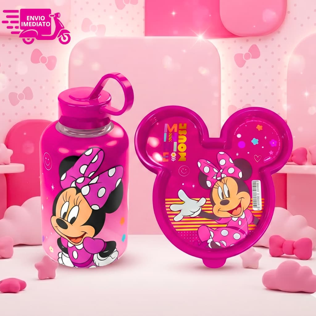 Pote Marmita Rosto Minnie + Garrafa com Alça Minnie Rosa 120ML Garrafa Lancheira Plasútil  Infantil